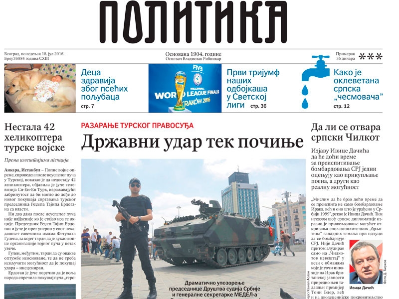 Cover page of today's newspaper Politika with the article on Turkish coup
